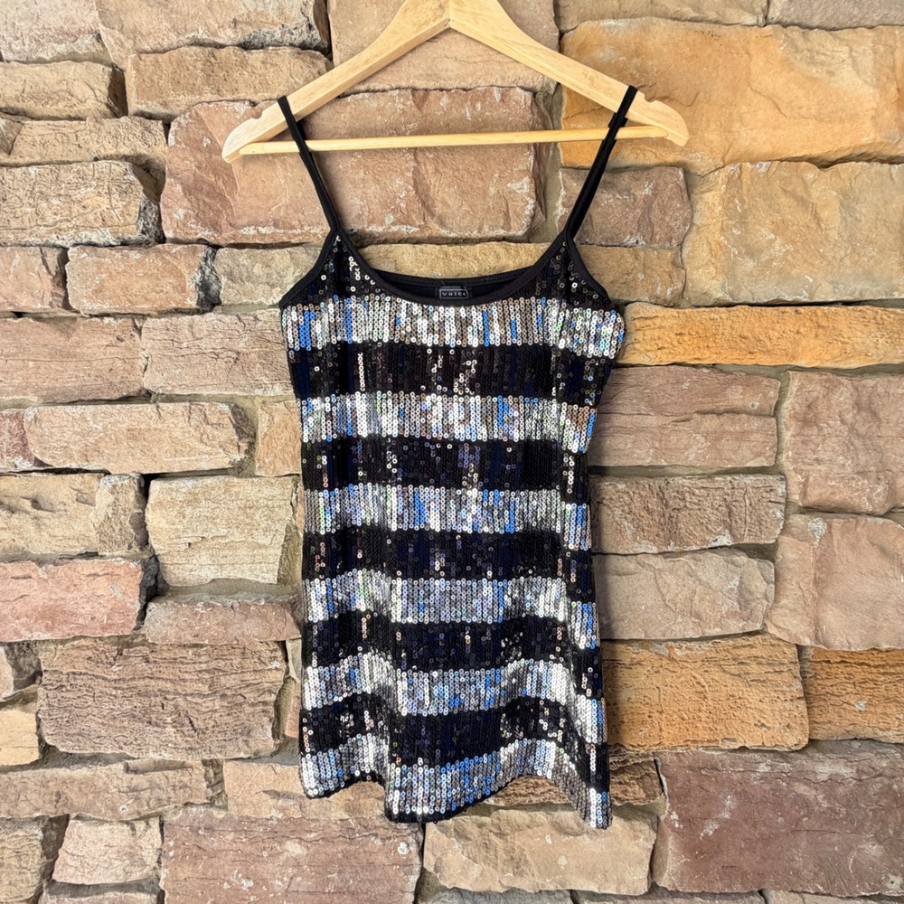 Y2K Voice Womens Large Sequin Striped Camisole Top Black Silver Spaghetti Strap